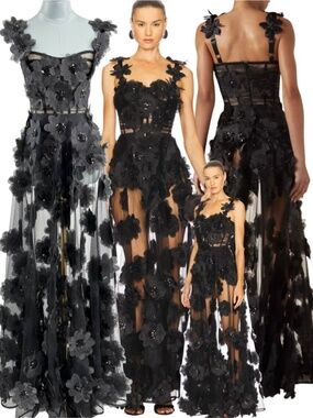 🆕 BRONX & BANCO 🧿 NWOT Rosalie Noir Floral-Appliqué Tulle Gown, Sz XS US 2
